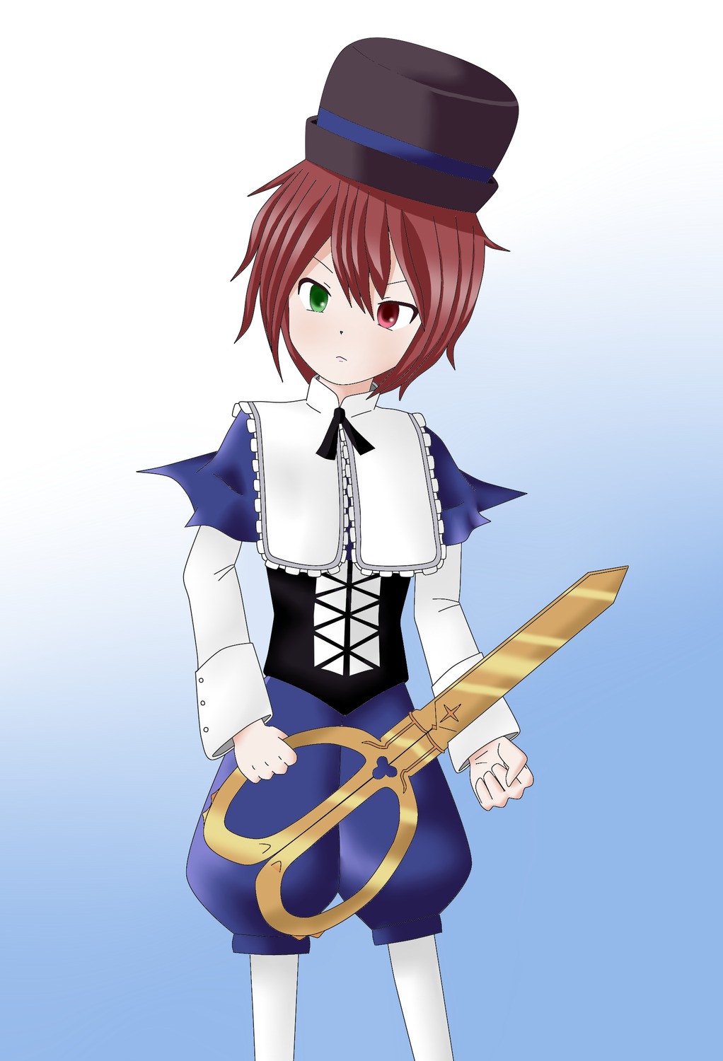 1boy capelet dress green_eyes hat heterochromia image long_sleeves red_eyes short_hair solo souseiseki top_hat