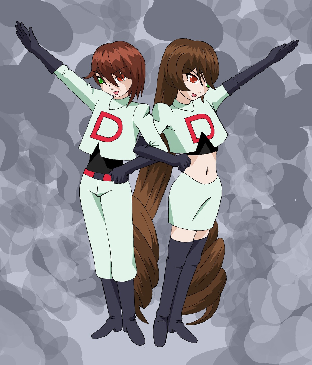 boots brown_hair dual_persona elbow_gloves gloves heterochromia image long_hair midriff navel pair short_hair siblings skirt souseiseki suiseiseki team_rocket thigh_boots thighhighs tongue tongue_out twins