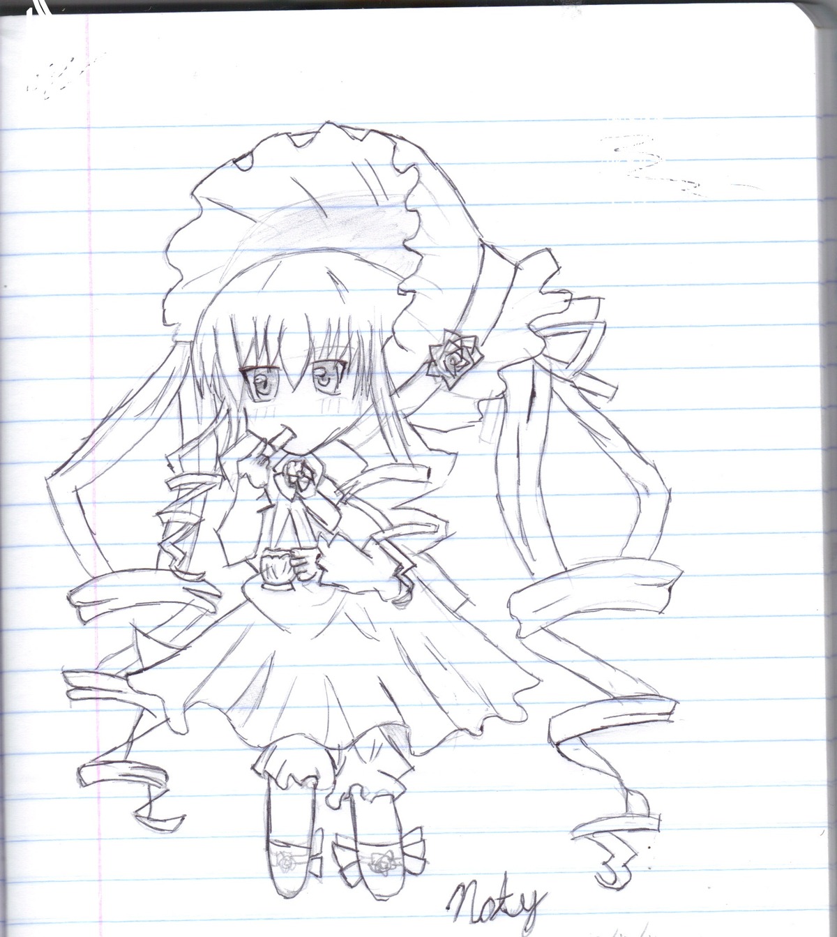 1girl dress emphasis_lines flower full_body holding_umbrella image long_hair long_sleeves looking_at_viewer monochrome rain rose shinku sketch solo umbrella