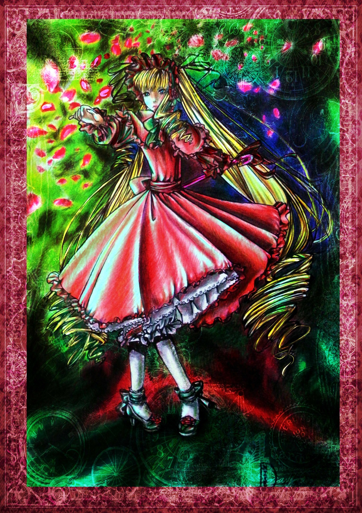 1girl blonde_hair blue_eyes bow dress drill_hair flower image long_hair petals red_dress rose shinku solo traditional_media twintails very_long_hair