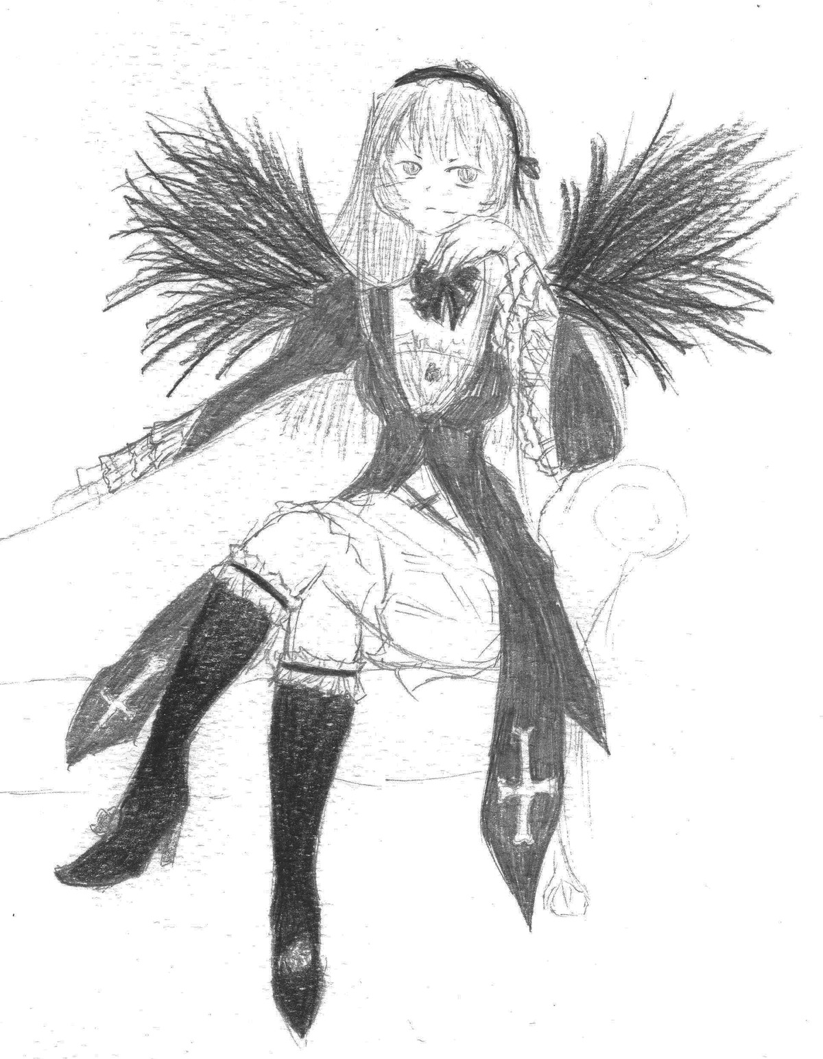 1girl boots feathered_wings frills full_body greyscale hairband image long_hair long_sleeves looking_at_viewer monochrome solo standing suigintou thighhighs wings