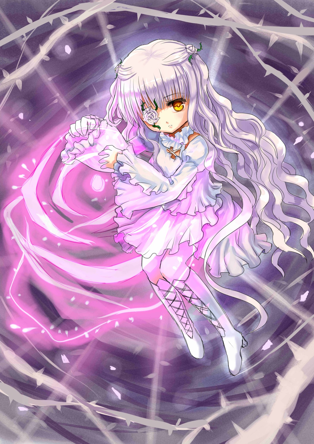 1girl boots cross-laced_footwear dress eyepatch flower frills full_body image kirakishou long_hair long_sleeves rose solo thorns very_long_hair white_footwear yellow_eyes