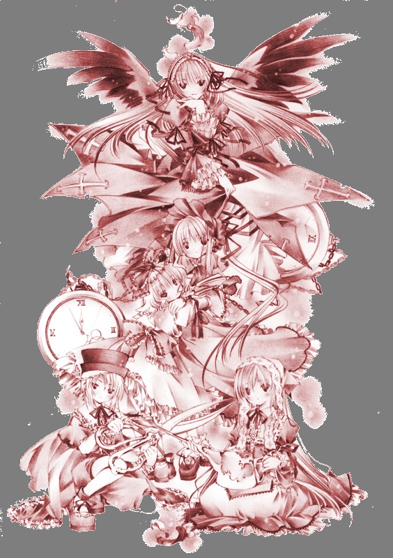 6+girls bow dress hair_ornament hat image long_hair monochrome multiple multiple_girls short_hair smile tagme weapon wings