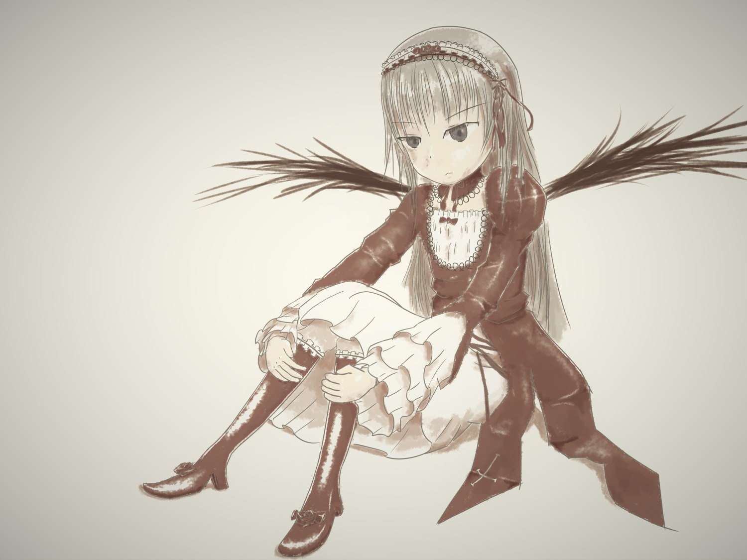 1girl boots closed_mouth cross-laced_footwear dress frills full_body hairband image knee_boots long_hair long_sleeves looking_at_viewer monochrome simple_background sitting solo suigintou wings