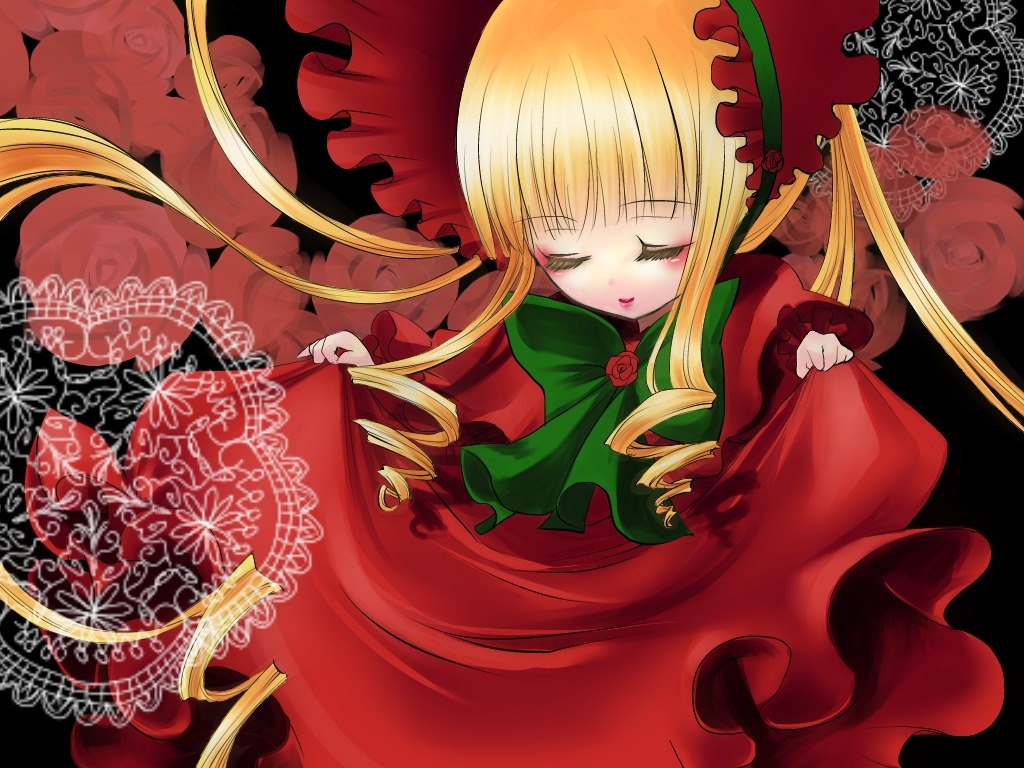 1girl blonde_hair bonnet bow closed_eyes dress flower image long_hair long_sleeves red_dress rose shinku sidelocks sleeping solo twintails