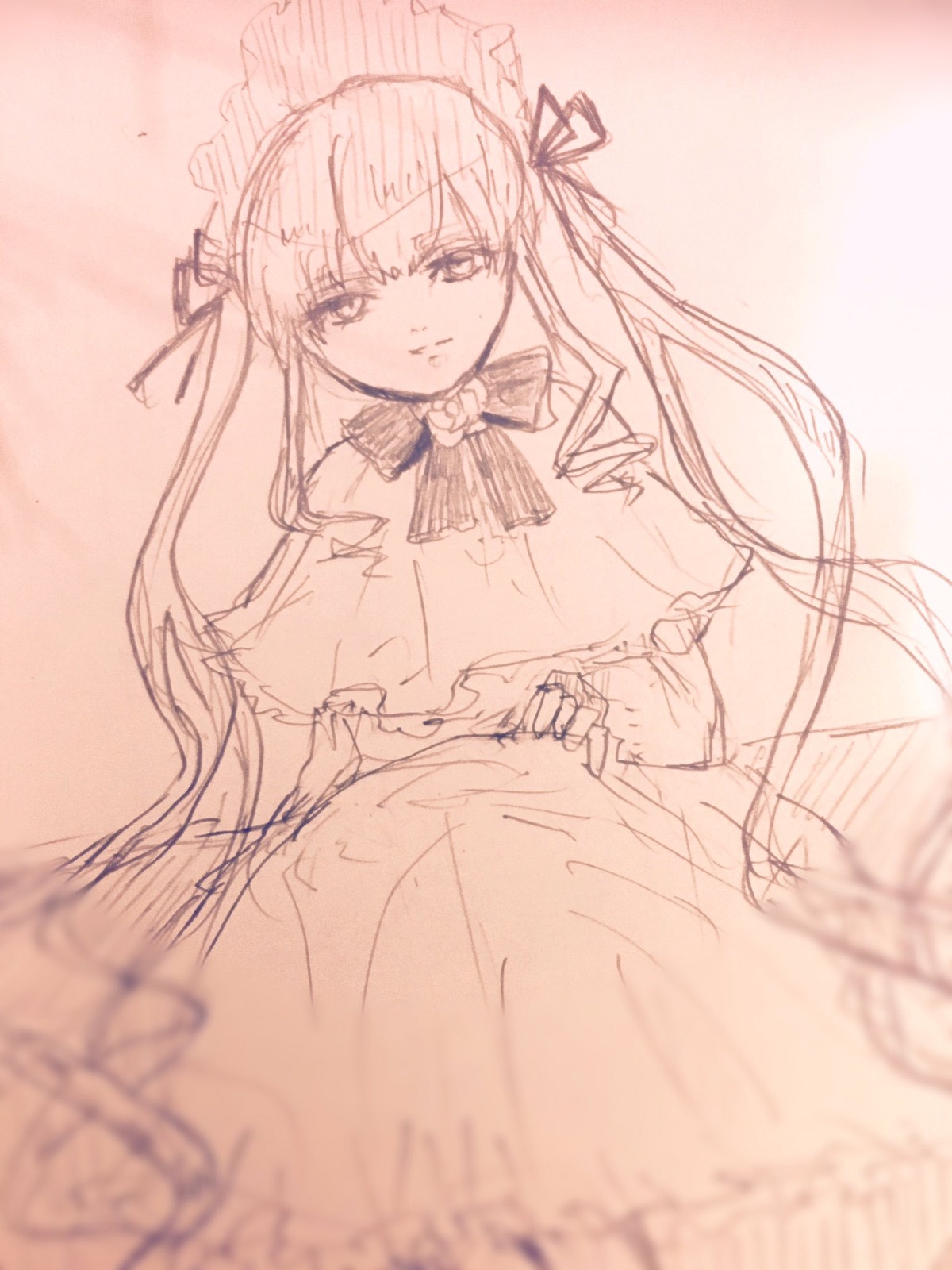 1girl bangs blush closed_mouth dress eyebrows_visible_through_hair frills hair_ribbon image long_hair long_sleeves looking_at_viewer maid_headdress monochrome ribbon shinku sketch solo