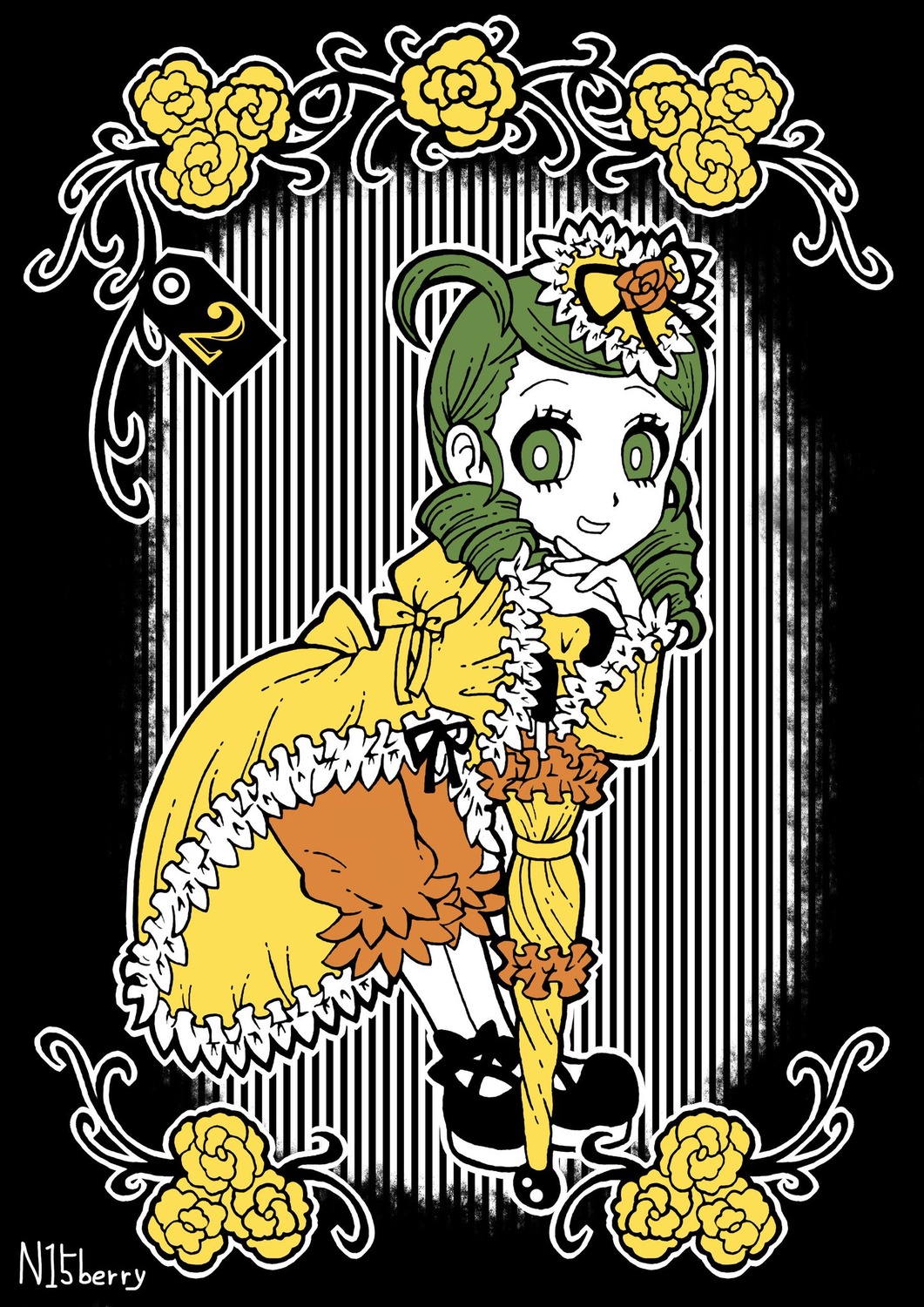 1girl bloomers dress flower frills full_body green_eyes green_hair hair_ornament image kanaria looking_at_viewer smile solo vines yellow_flower yellow_rose