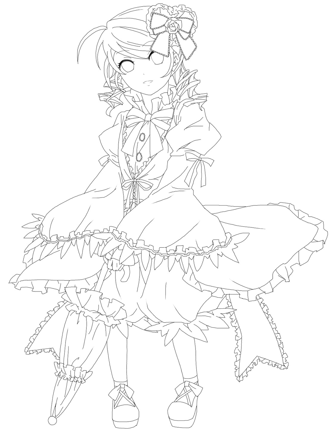 1girl bow dress drill_hair ecirtaeb empty_eyes flower frills full_body greyscale hair_ornament hat highres image kanaria lineart lolita_fashion long_sleeves monochrome puffy_sleeves ribbon rose rozen_maiden solo standing striped umbrella vertical_stripes