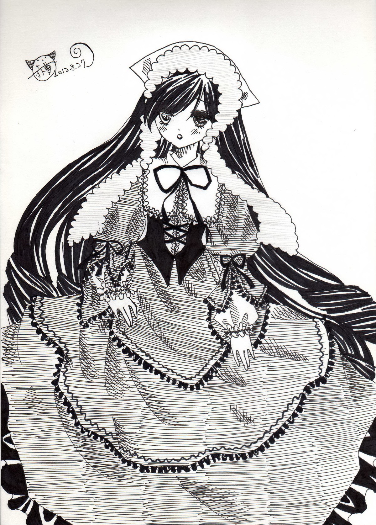 1girl blush bonnet dress frills gothic_lolita greyscale image lace lolita_fashion long_hair long_sleeves looking_at_viewer monochrome solo striped suiseiseki very_long_hair