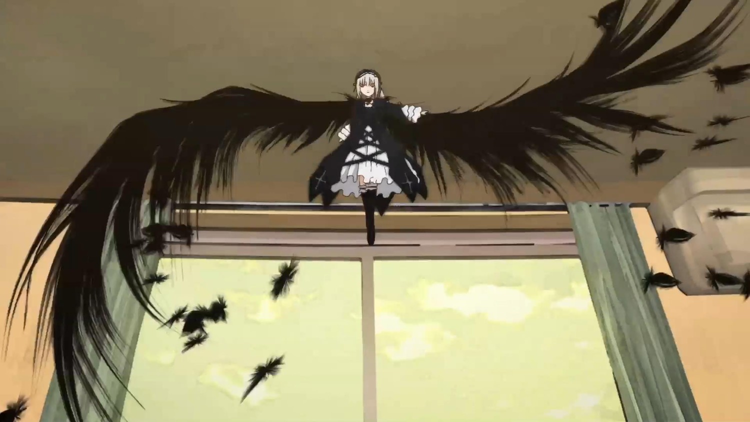 bird black_feathers black_wings crow feathers flock image sky solo suigintou wings