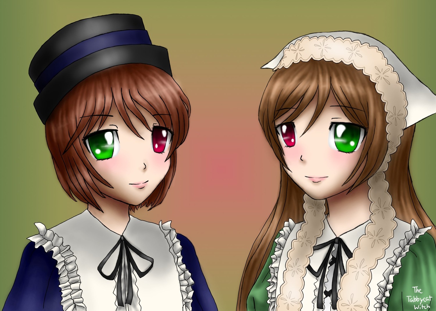 2girls black_ribbon blush brown_hair frills green_background green_eyes hat head_scarf heterochromia image long_hair long_sleeves looking_at_viewer multiple_girls pair red_eyes siblings simple_background sisters smile souseiseki suiseiseki twins