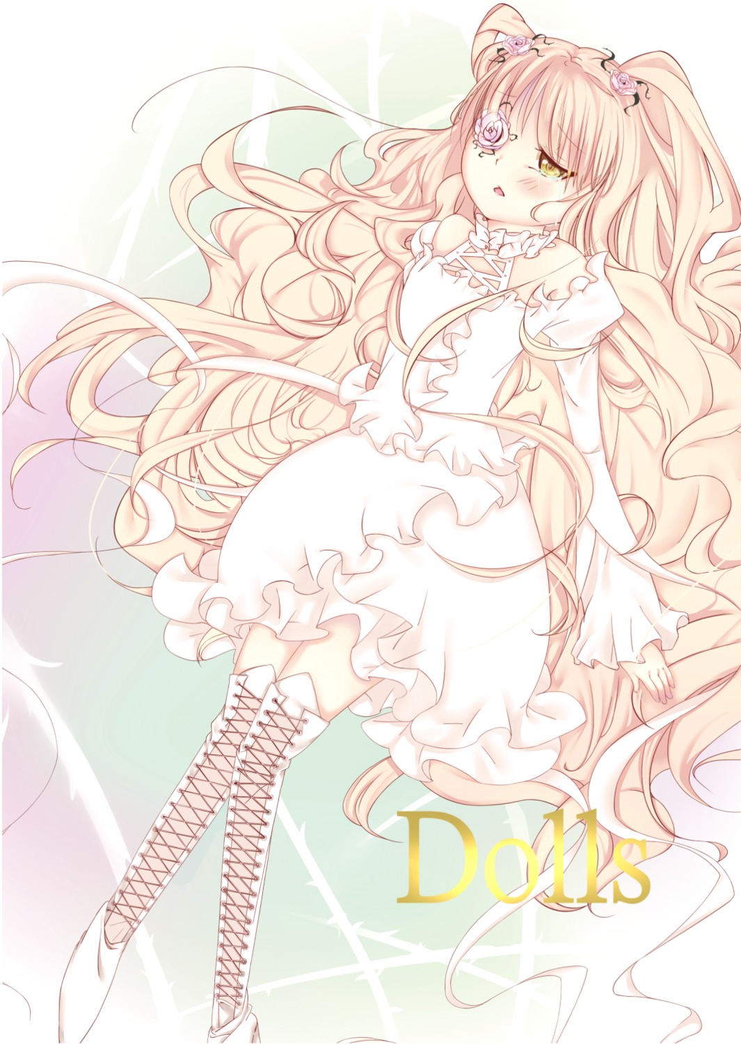 1girl blonde_hair blush boots cross-laced_footwear doll_joints dress eyepatch frills image kirakishou knee_boots long_hair solo very_long_hair yellow_eyes