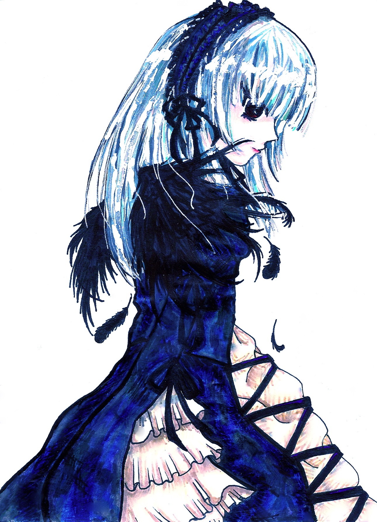 1girl dress frills gothic_lolita image lolita_fashion long_hair long_sleeves profile solo suigintou tail