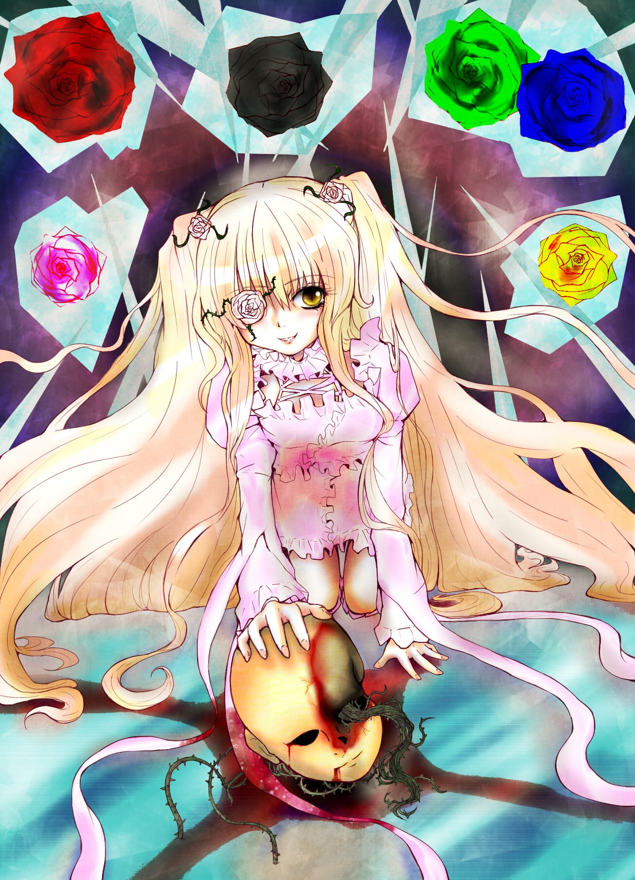 1girl black_rose blonde_hair blue_flower blue_rose dress eyepatch flower image kirakishou long_hair pink_flower pink_rose purple_rose red_flower red_rose rose rose_petals smile solo thorns very_long_hair vines white_rose yellow_eyes yellow_flower yellow_rose