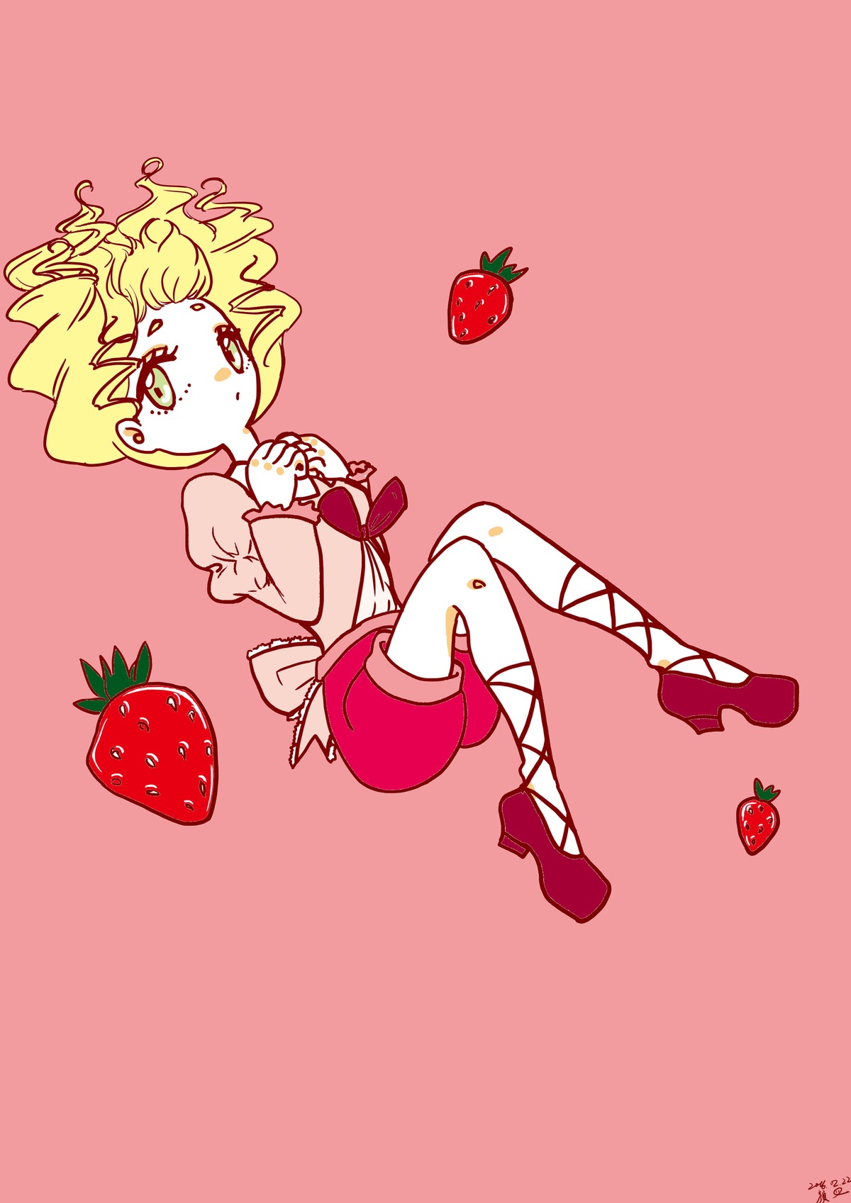 apple blonde_hair cherry food fruit full_body high_heels hinaichigo holding_fruit image looking_at_viewer pink_background puffy_short_sleeves puffy_sleeves short_sleeves shorts simple_background solo strawberry tomato watermelon