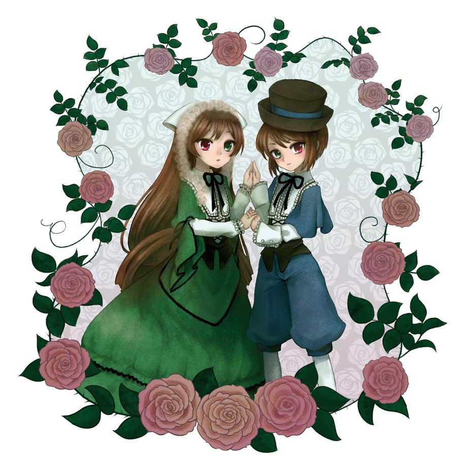 2girls brown_hair dress floral_background flower green_eyes hat heterochromia holding_hands image interlocked_fingers long_hair multiple_girls orange_flower pair pink_flower pink_rose purple_rose red_eyes red_flower red_rose rose short_hair siblings sisters souseiseki suiseiseki thorns twins vines white_rose yellow_flower yellow_rose