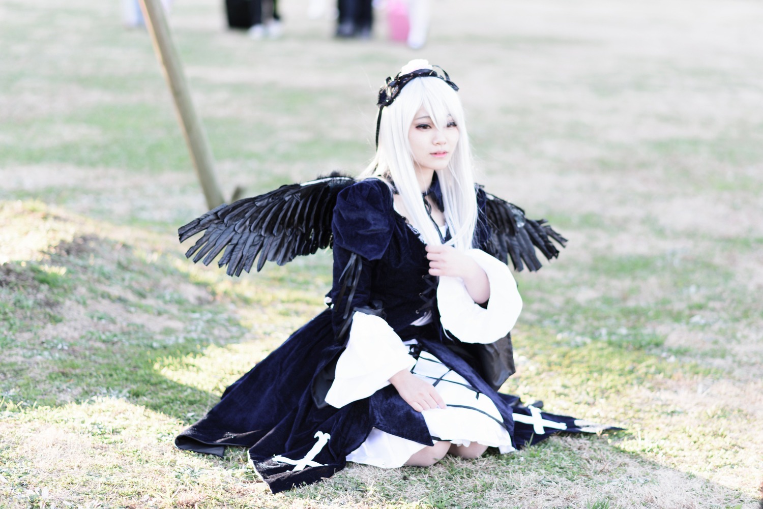 1girl 3d black_wings blue_eyes blurry blurry_background depth_of_field dress feathered_wings long_hair long_sleeves photo sitting solo suigintou weapon white_hair wings