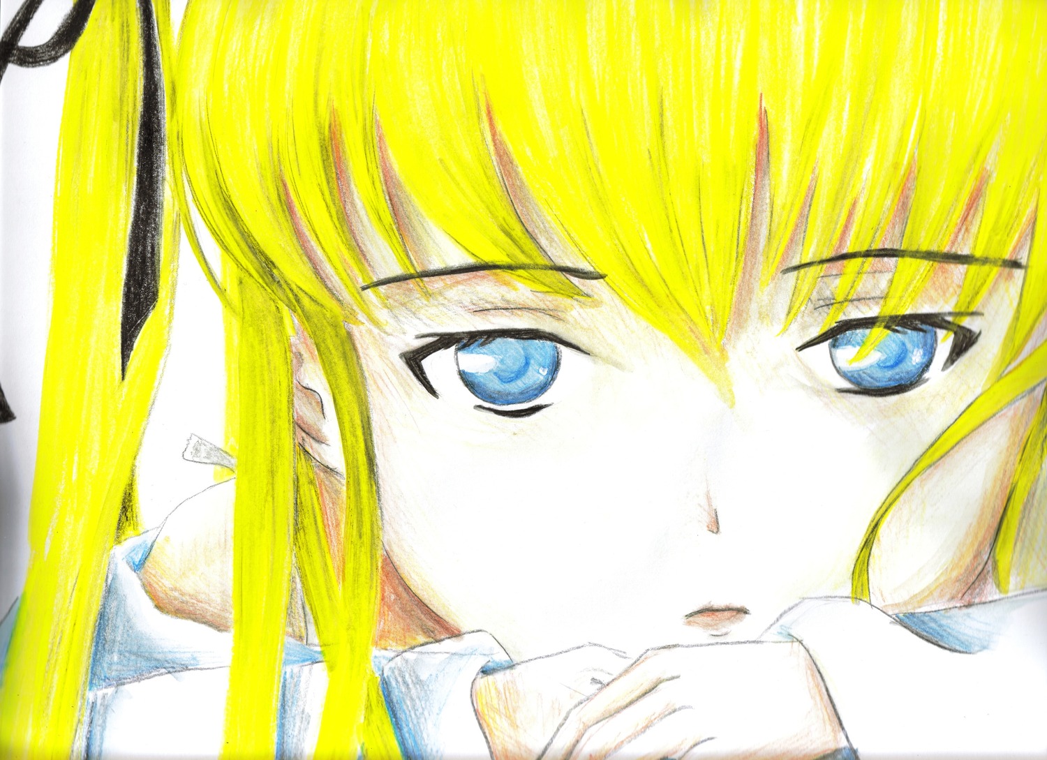 1girl bangs blonde_hair blue_eyes close-up eyebrows_visible_through_hair face hair_between_eyes hair_ribbon image long_hair looking_at_viewer portrait ribbon shinku simple_background solo sonya_(kill_me_baby) white_background white_shirt