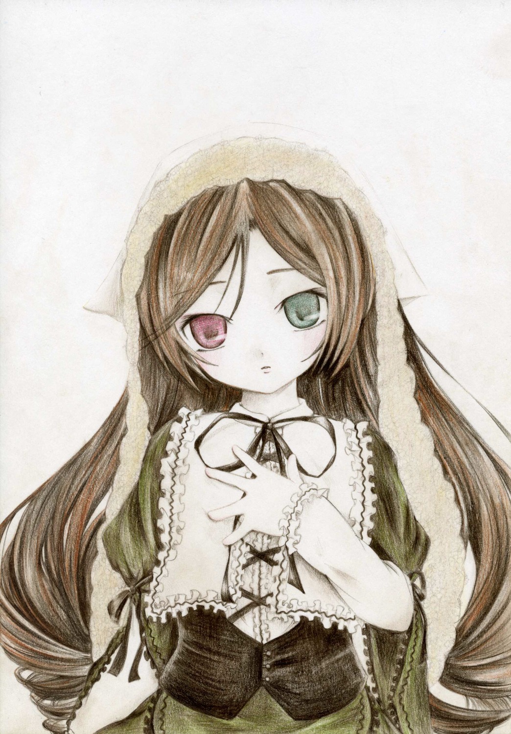 1girl black_ribbon brown_hair dress frills green_dress green_eyes heterochromia image long_hair long_sleeves looking_at_viewer red_eyes ribbon simple_background solo suiseiseki very_long_hair