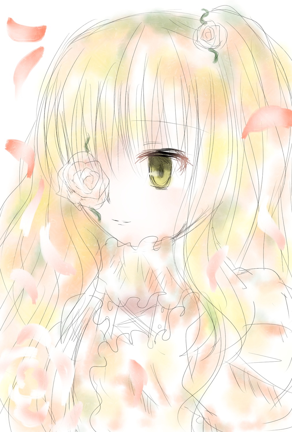 1girl bangs blonde_hair blush closed_mouth eyebrows_visible_through_hair flower hair_between_eyes image kirakishou long_hair looking_at_viewer petals rose smile solo upper_body white_flower white_rose