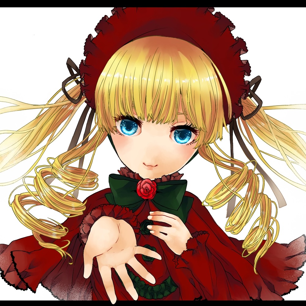 1girl blonde_hair blue_eyes bonnet bow bowtie dress drill_hair flower green_bow image letterboxed long_hair long_sleeves looking_at_viewer rose shinku simple_background solo twin_drills upper_body white_background