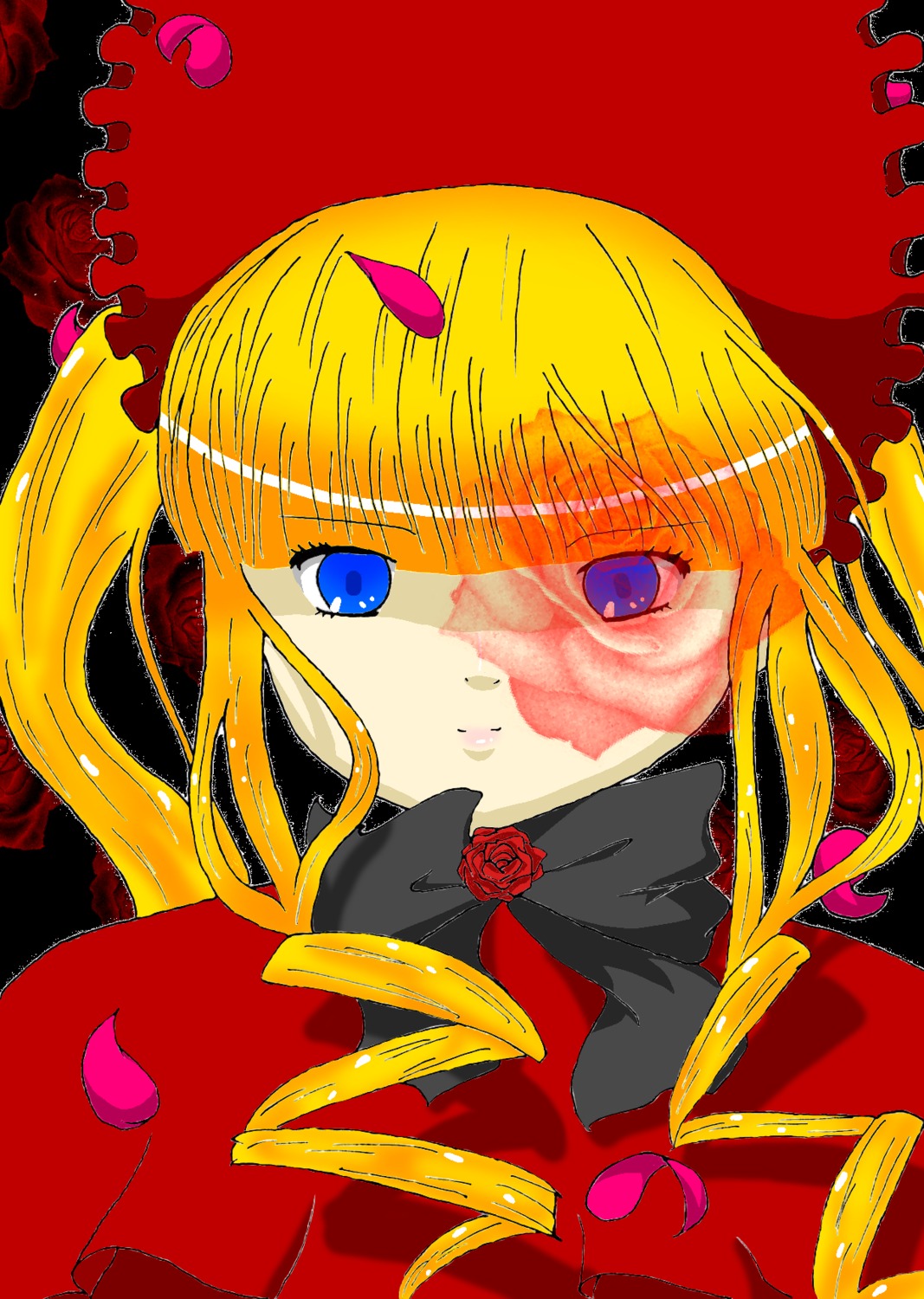 1girl bangs blonde_hair blue_eyes bow drill_hair flower image long_hair looking_at_viewer petals red_flower red_rose rose rose_petals shinku simple_background solo twin_drills twintails