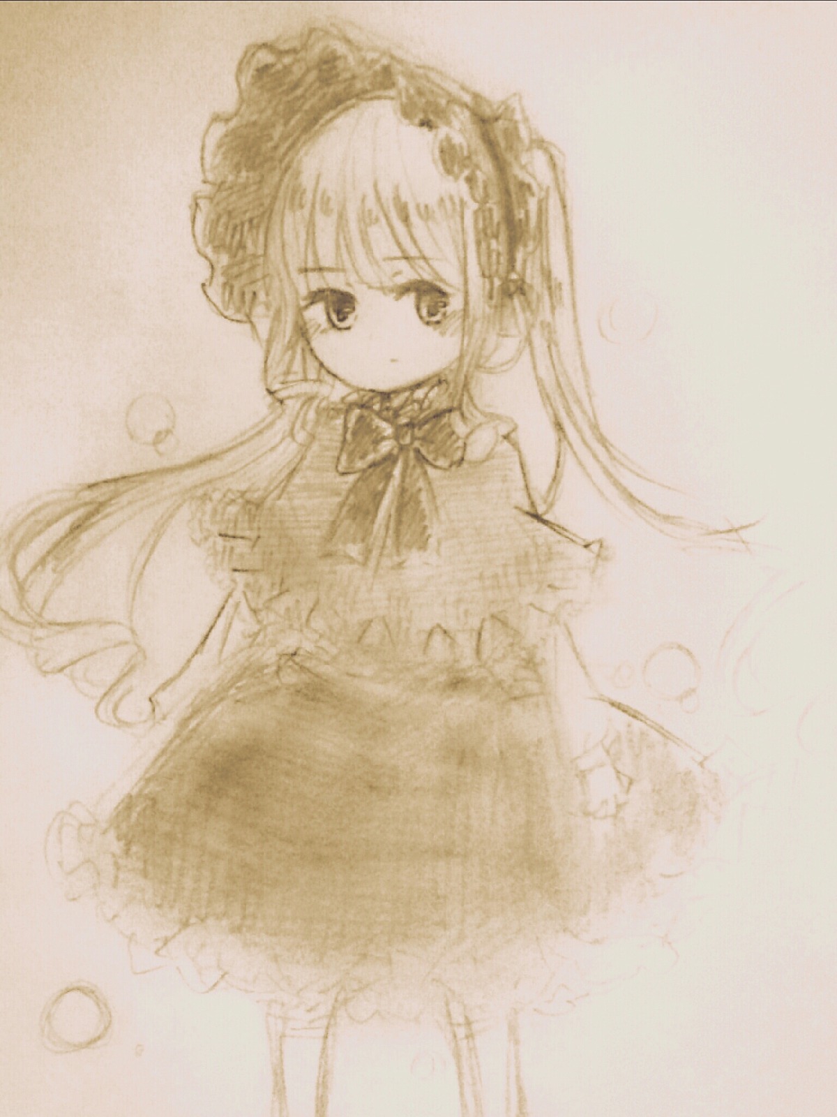 1girl blush bow bowtie capelet dress image long_hair looking_at_viewer monochrome shinku simple_background solo