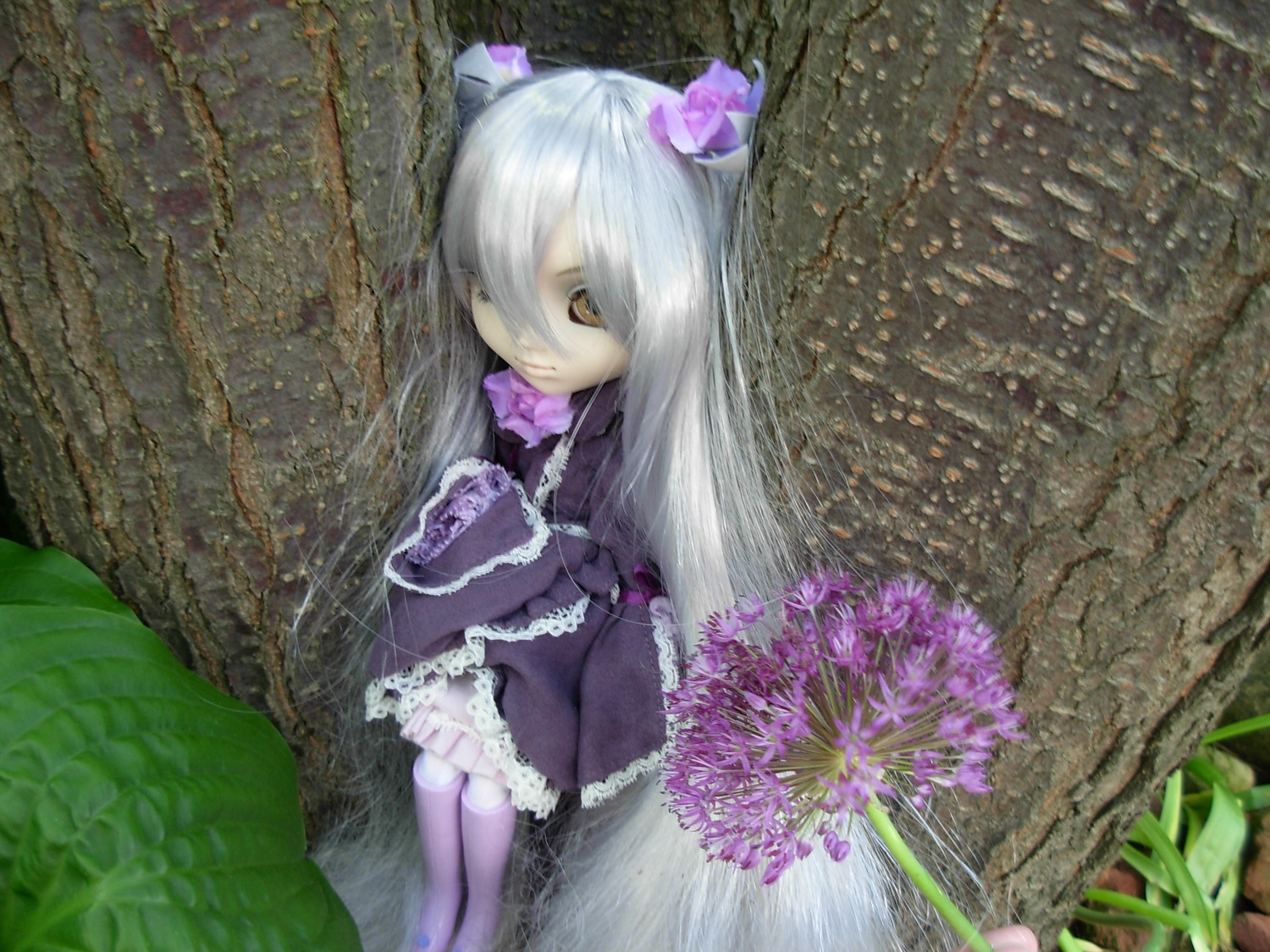 1girl barasuishou brown_eyes doll dress flower frills long_hair sitting solo