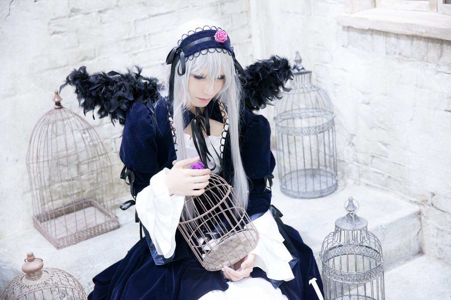 1girl bird birdcage cage dress feathers fence flower frills hairband long_hair long_sleeves ribbon silver_hair sitting solo suigintou wings