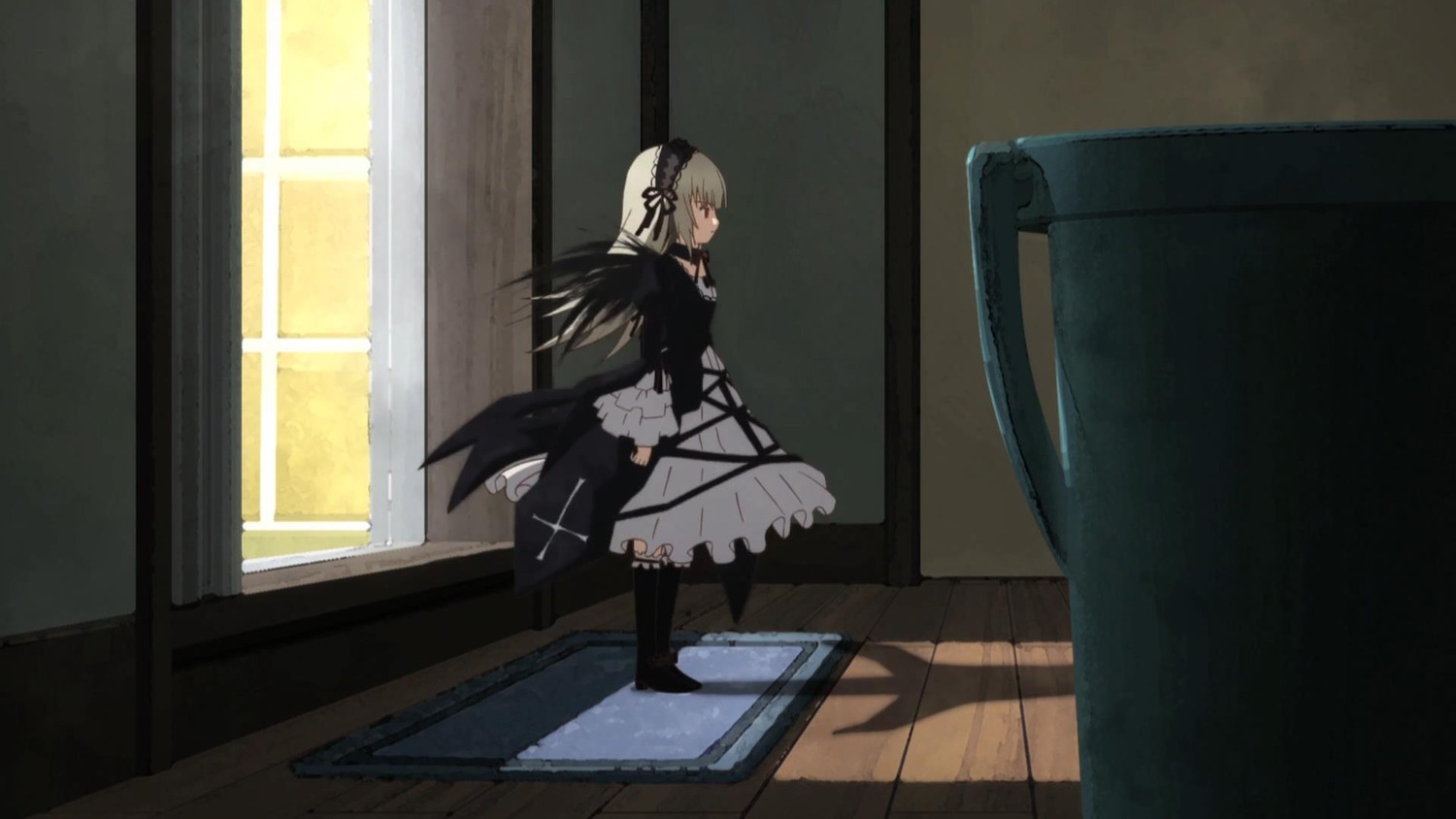 1girl closed_mouth dress frills high_heel_boots image indoors long_hair long_sleeves ribbon solo standing suigintou very_long_hair