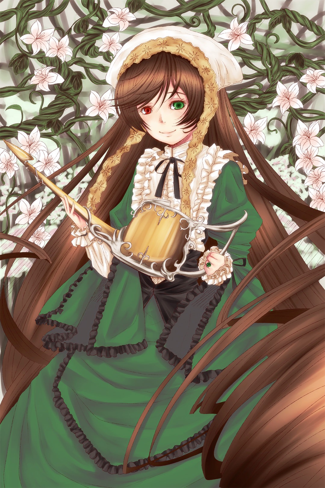 1girl brown_hair dress flower frills green_dress green_eyes heterochromia image long_hair long_sleeves looking_at_viewer red_eyes smile solo suiseiseki twintails very_long_hair watering_can