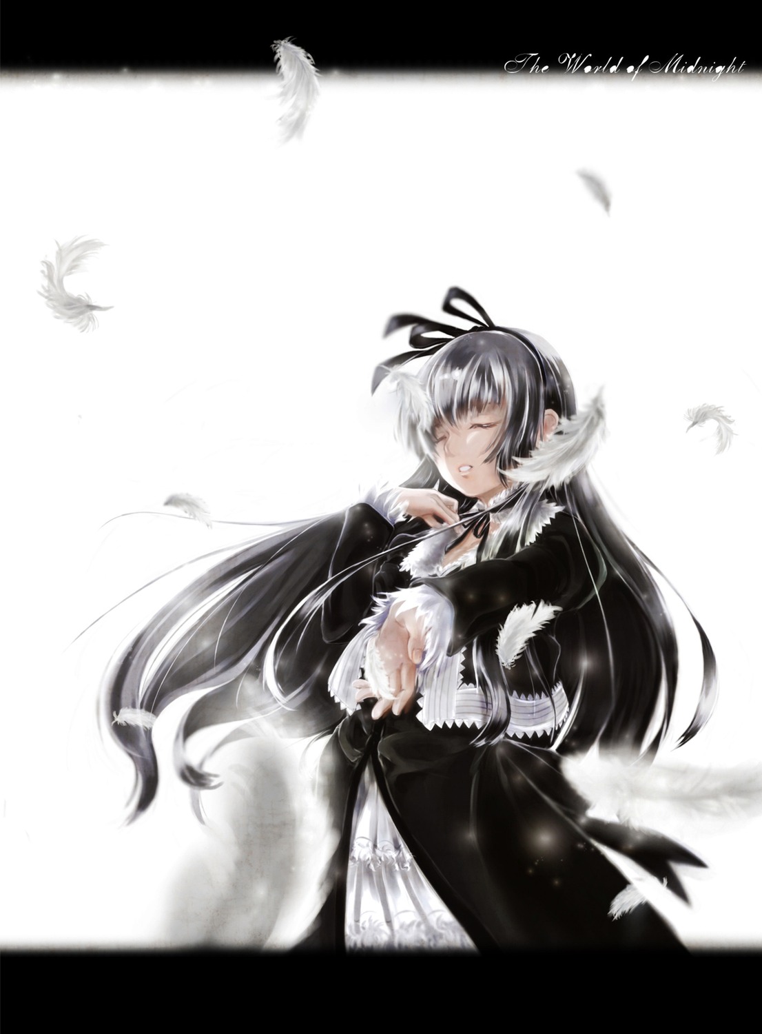 1girl bird black_feathers black_ribbon blurry closed_eyes depth_of_field dove dress feathers fur_trim image letterboxed long_hair long_sleeves ribbon solo suigintou very_long_hair white_feathers