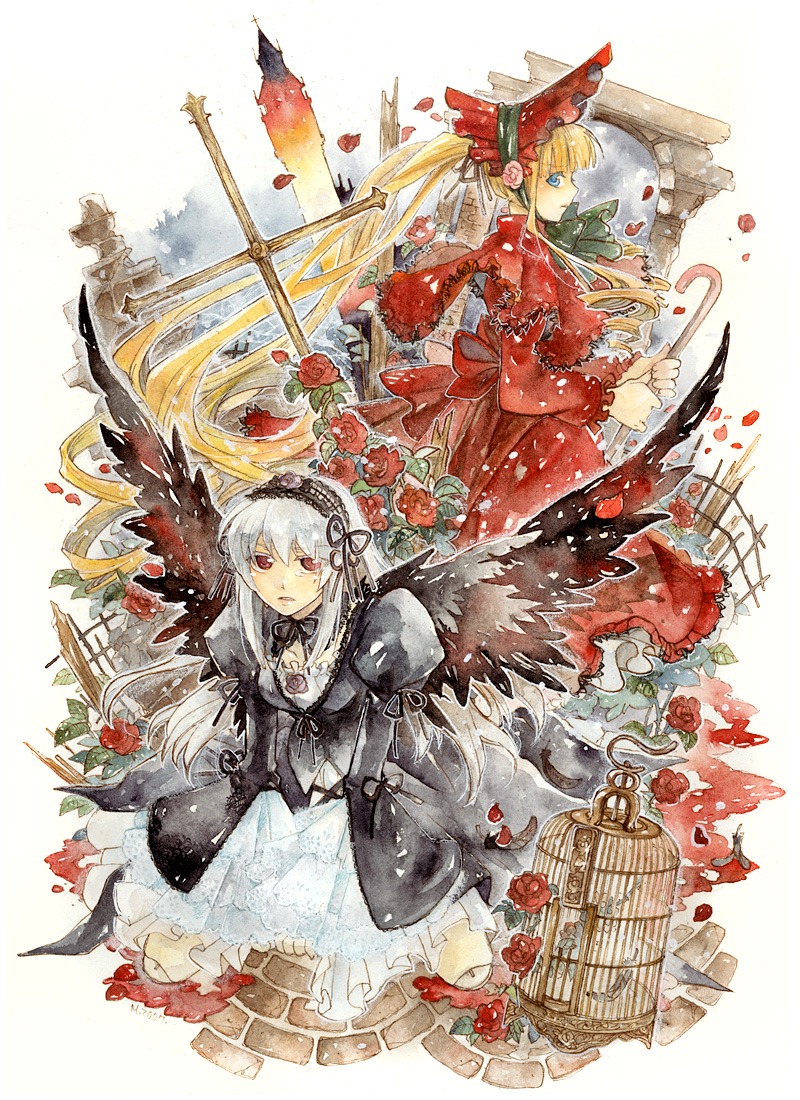 2girls bad_id bad_pixiv_id black_wings blonde_hair blue_eyes bonnet dress drill_hair flower frills hairband image long_hair long_sleeves looking_at_viewer multiple_girls ogiko pair red_eyes red_flower red_rose rose rozen_maiden shinku silver_hair suigintou watercolor_(medium) wings