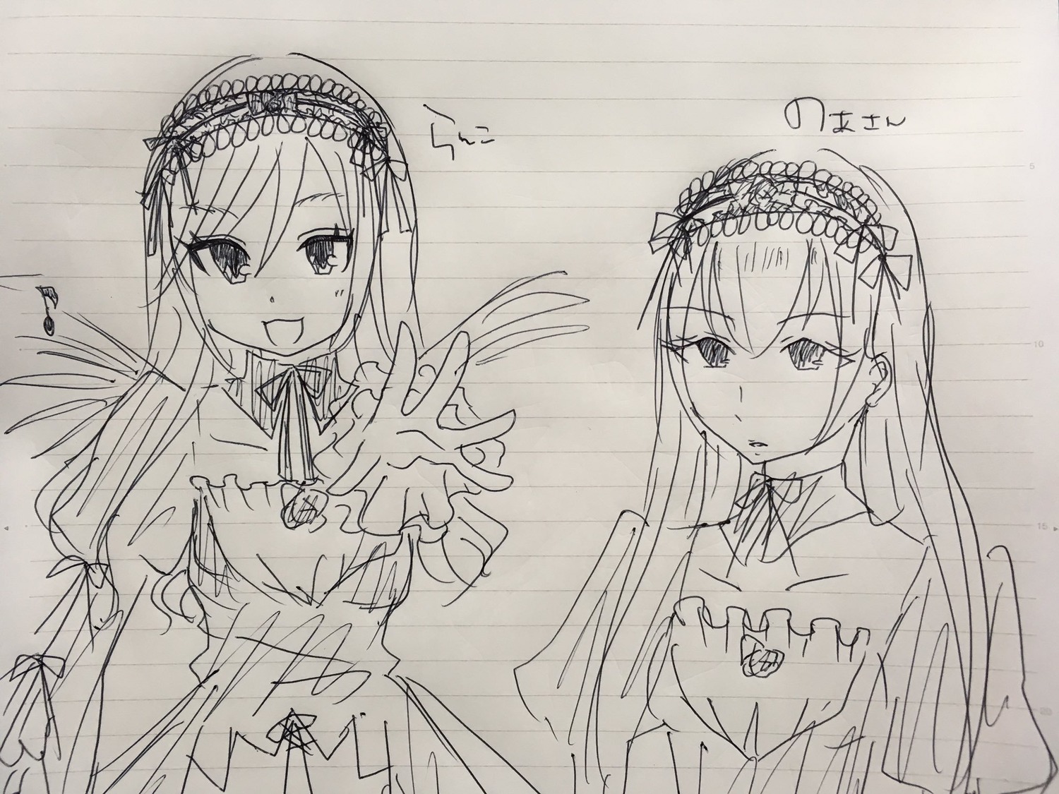 1girl :d bangs blush closed_mouth dress eyebrows_visible_through_hair frills hairband image juliet_sleeves lolita_hairband long_hair long_sleeves looking_at_viewer monochrome open_mouth ribbon sketch smile solo suigintou traditional_media wide_sleeves