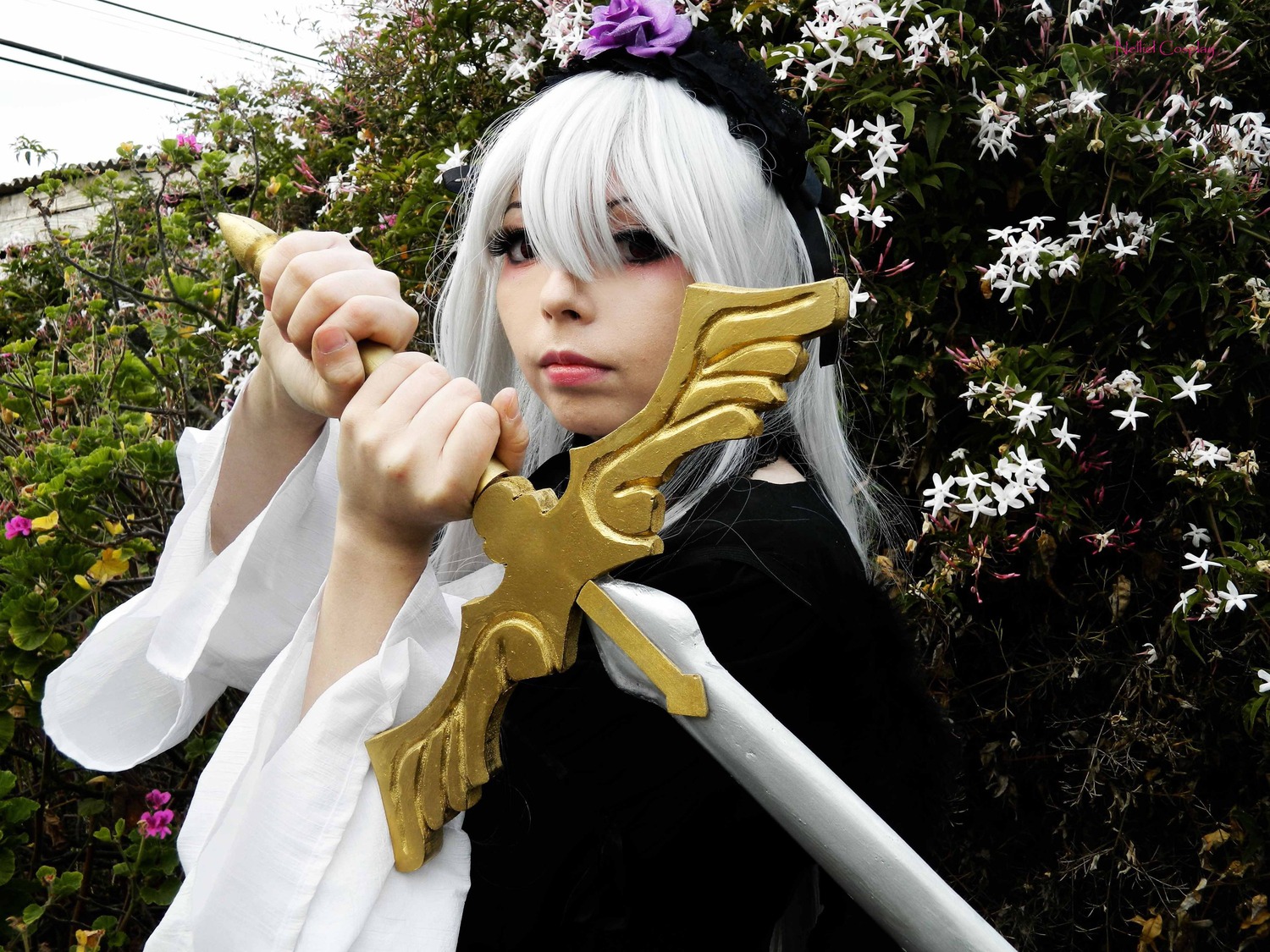 1girl flower holding_sword holding_weapon lips realistic solo suigintou sword upper_body weapon white_hair