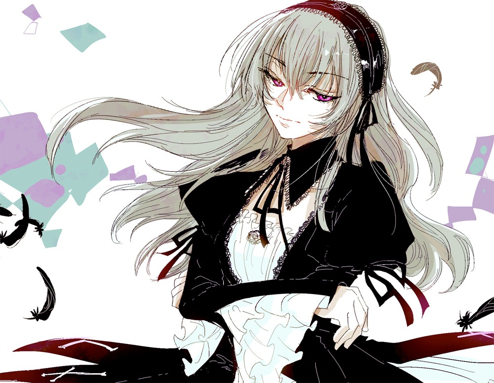 1girl bird black_feathers dress feathered_wings feathers frilled_sleeves frills hairband image long_hair long_sleeves looking_at_viewer pink_eyes puffy_sleeves solo suigintou upper_body wings