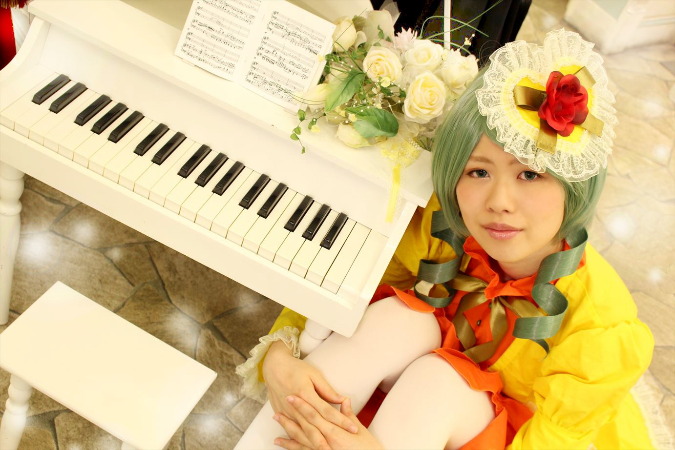 1girl dress flower guitar hat instrument kanaria lips music musical_note piano playing_instrument realistic rose sheet_music sitting solo violin white_flower white_rose