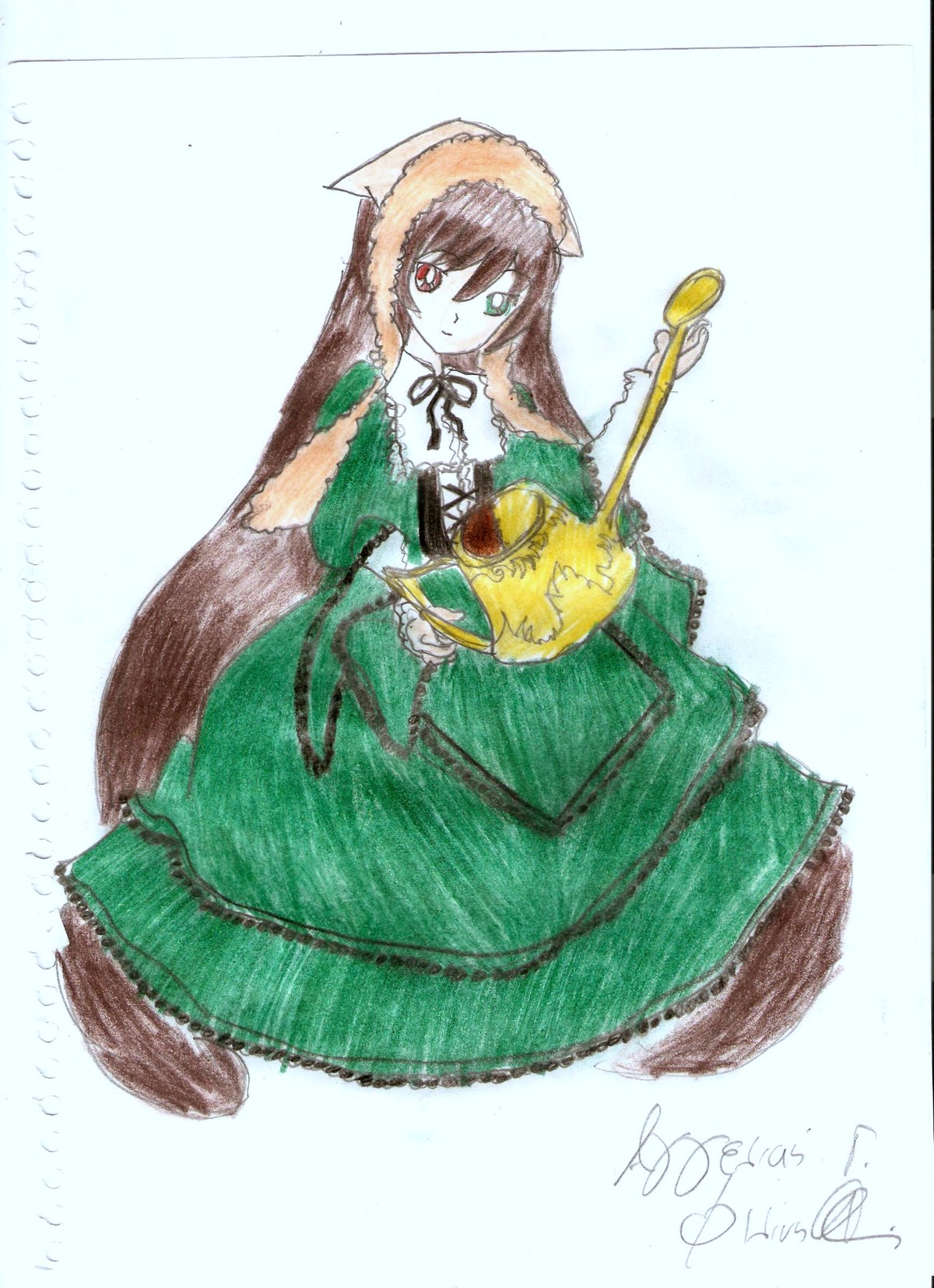 1girl brown_hair dress full_body green_dress green_eyes heterochromia image long_hair long_sleeves looking_at_viewer red_eyes solo suiseiseki very_long_hair watering_can