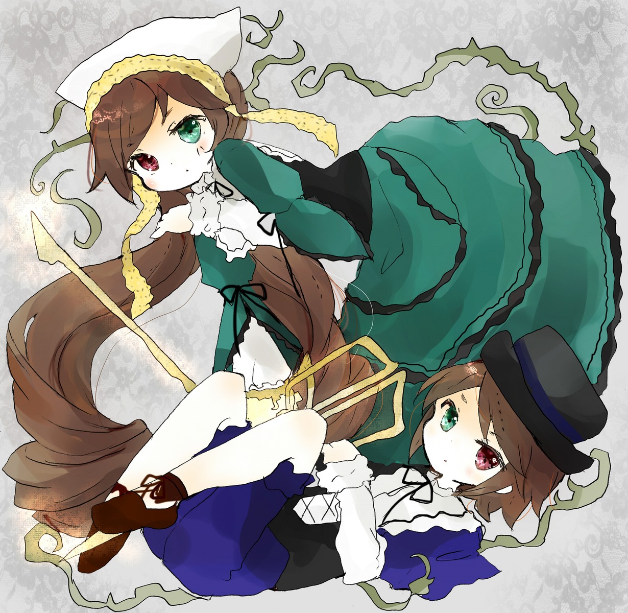 2girls brown_hair dress frills green_dress green_eyes hat head_scarf heterochromia image long_hair long_sleeves looking_at_viewer multiple_girls pair pantyhose red_eyes scissors short_hair siblings sisters souseiseki suiseiseki top_hat twins very_long_hair watering_can