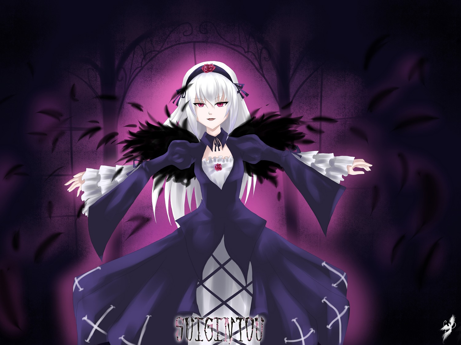 1girl auto_tagged black_wings dress frilled_sleeves frills hairband image long_hair long_sleeves looking_at_viewer outstretched_arms pink_eyes silver_hair solo suigintou wings