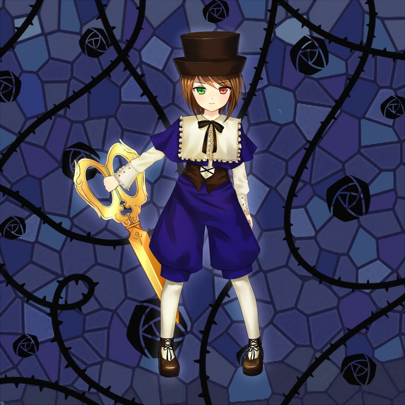 1girl argyle_background blonde_hair brown_hair chain-link_fence fence flower green_eyes hat heterochromia hexagon honeycomb_(pattern) honeycomb_background image long_sleeves red_eyes scissors shoes short_hair shorts silk solo souseiseki spider_web stained_glass tile_wall tiles top_hat white_legwear