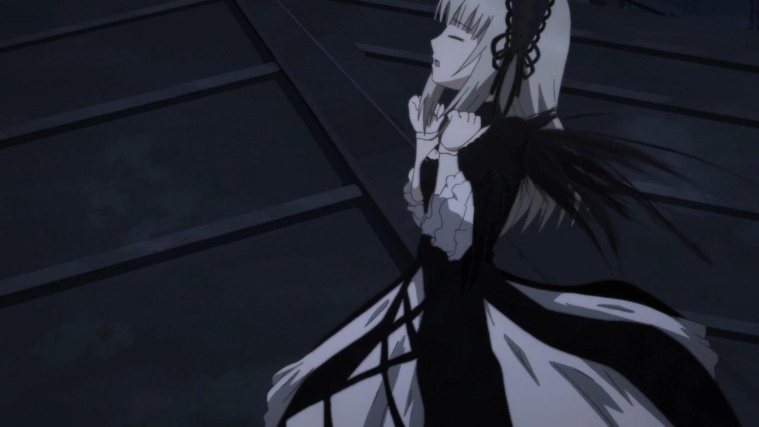 1girl bangs black_wings closed_eyes dress feathered_wings hairband image long_hair long_sleeves monochrome ribbon solo suigintou very_long_hair wings