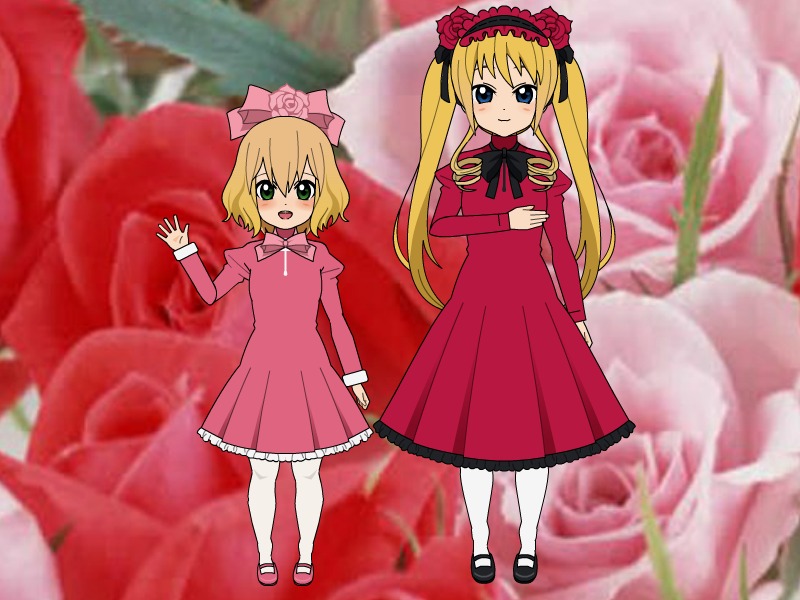 2girls blonde_hair blue_eyes blurry blurry_background blurry_foreground blush bow depth_of_field dress flower full_body green_eyes hairband hina_ichigo hinaichigo image long_hair long_sleeves mary_janes multiple_girls open_mouth pair pantyhose pink_bow pink_dress red_dress shinku shoes short_hair siblings smile standing twintails white_legwear