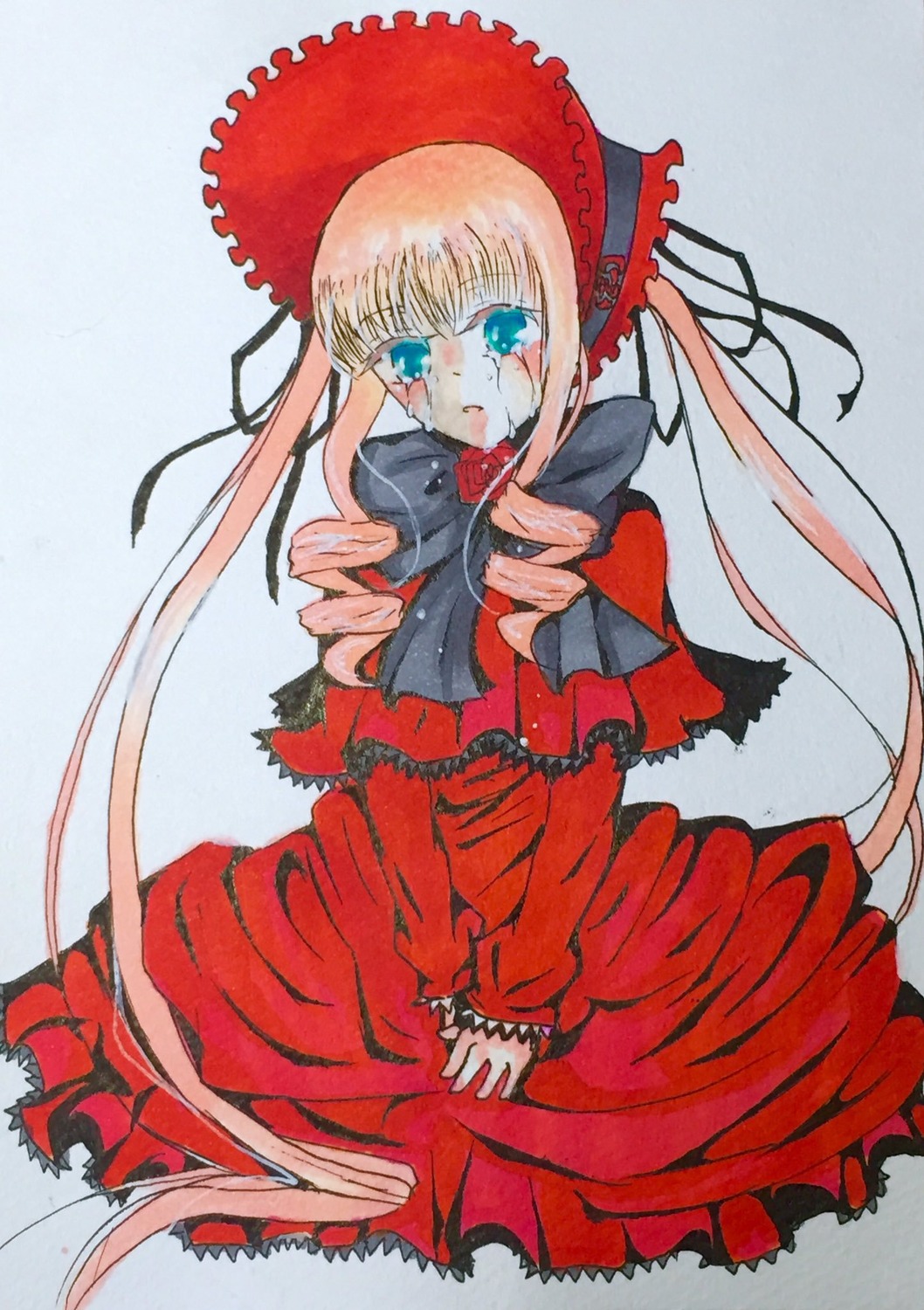 1girl blonde_hair blue_eyes bonnet bow bowtie dress frills image long_hair long_sleeves looking_at_viewer red_dress shinku sidelocks sitting solo tears v_arms very_long_hair