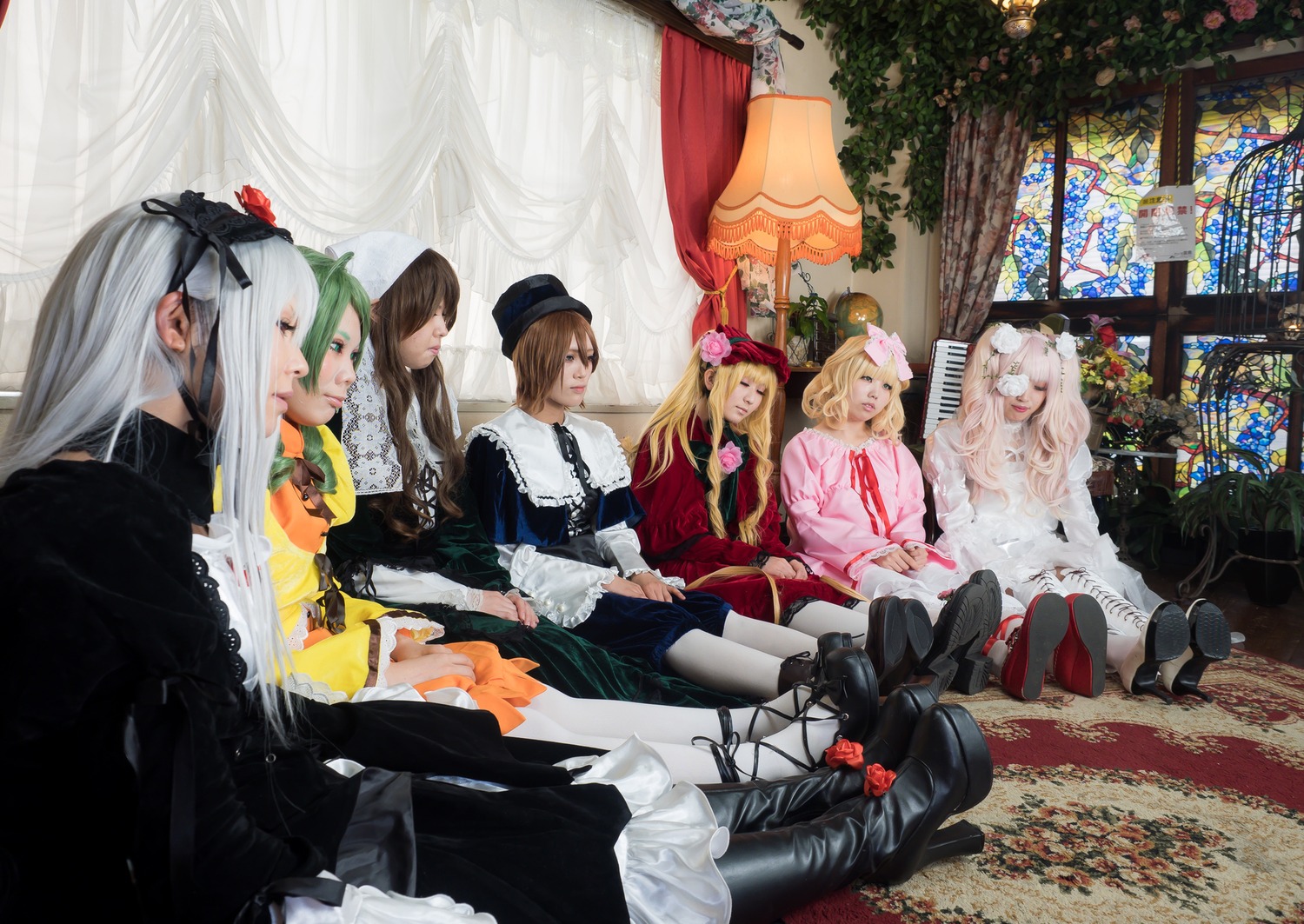 6+girls blonde_hair boots brown_hair curtains dress eyepatch frills green_hair hair_ornament hat long_hair multiple_cosplay multiple_girls pantyhose short_hair siblings silver_hair sitting souseiseki suigintou tagme