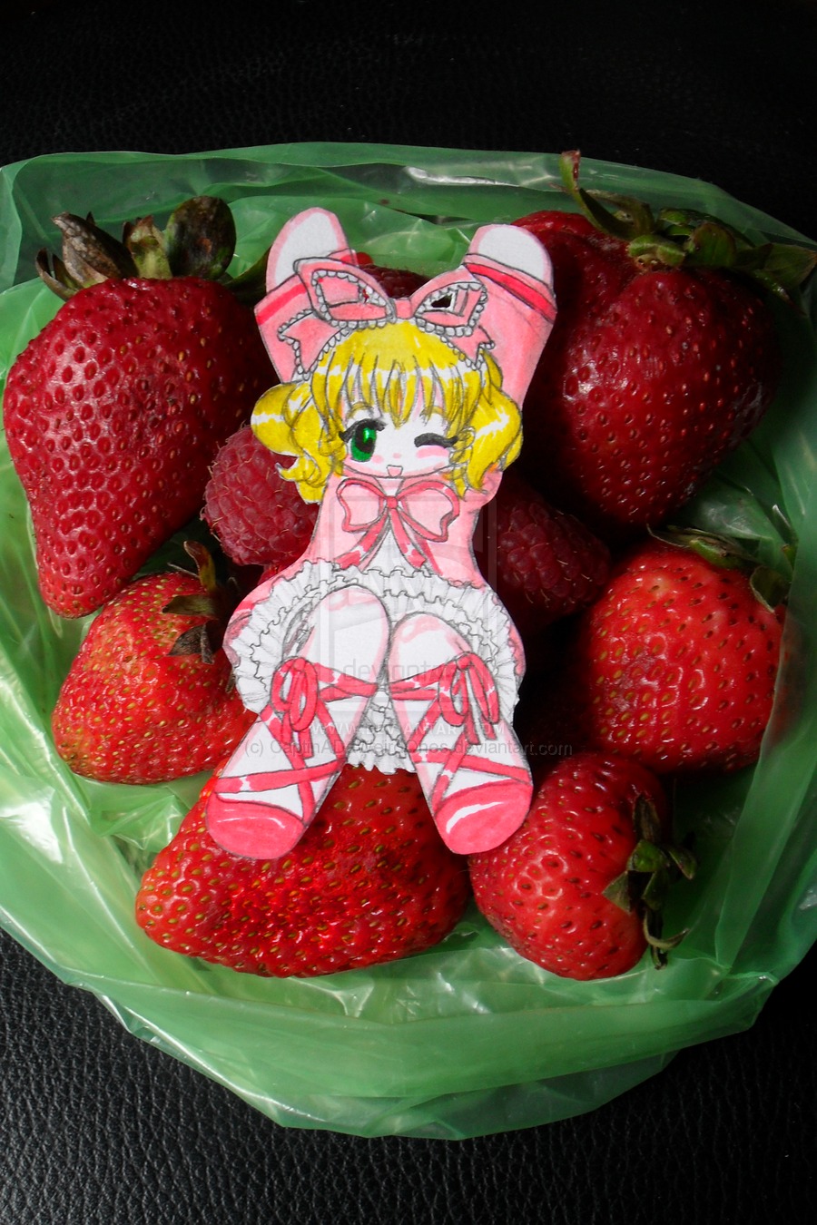 1girl blonde_hair bow cake food fruit green_eyes hina_ichigo hinaichigo holding_fruit image minigirl one_eye_closed pink_bow short_hair smile solo strawberry white_legwear