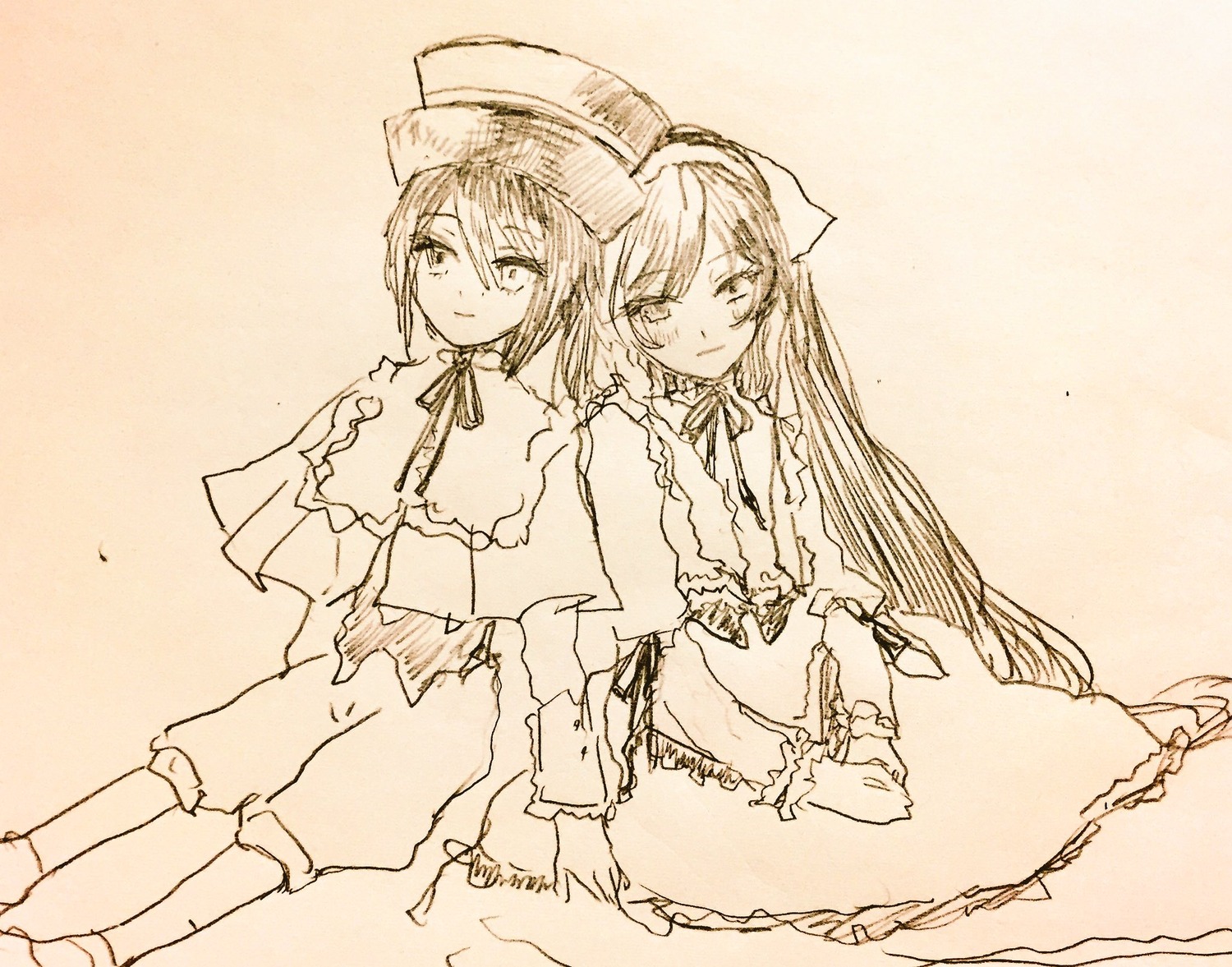 2girls blush capelet dress hat image long_hair long_sleeves looking_at_viewer monochrome multiple_girls neck_ribbon pair ribbon short_hair smile souseiseki suiseiseki