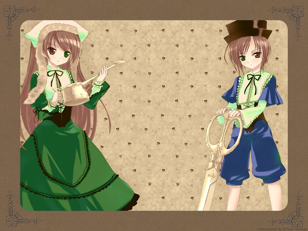 1girl brown_hair dress frills green_dress green_eyes hat head_scarf heterochromia image long_hair long_sleeves looking_at_viewer pair red_eyes ribbon scissors short_hair siblings sisters souseiseki standing suiseiseki top_hat twins very_long_hair watering_can