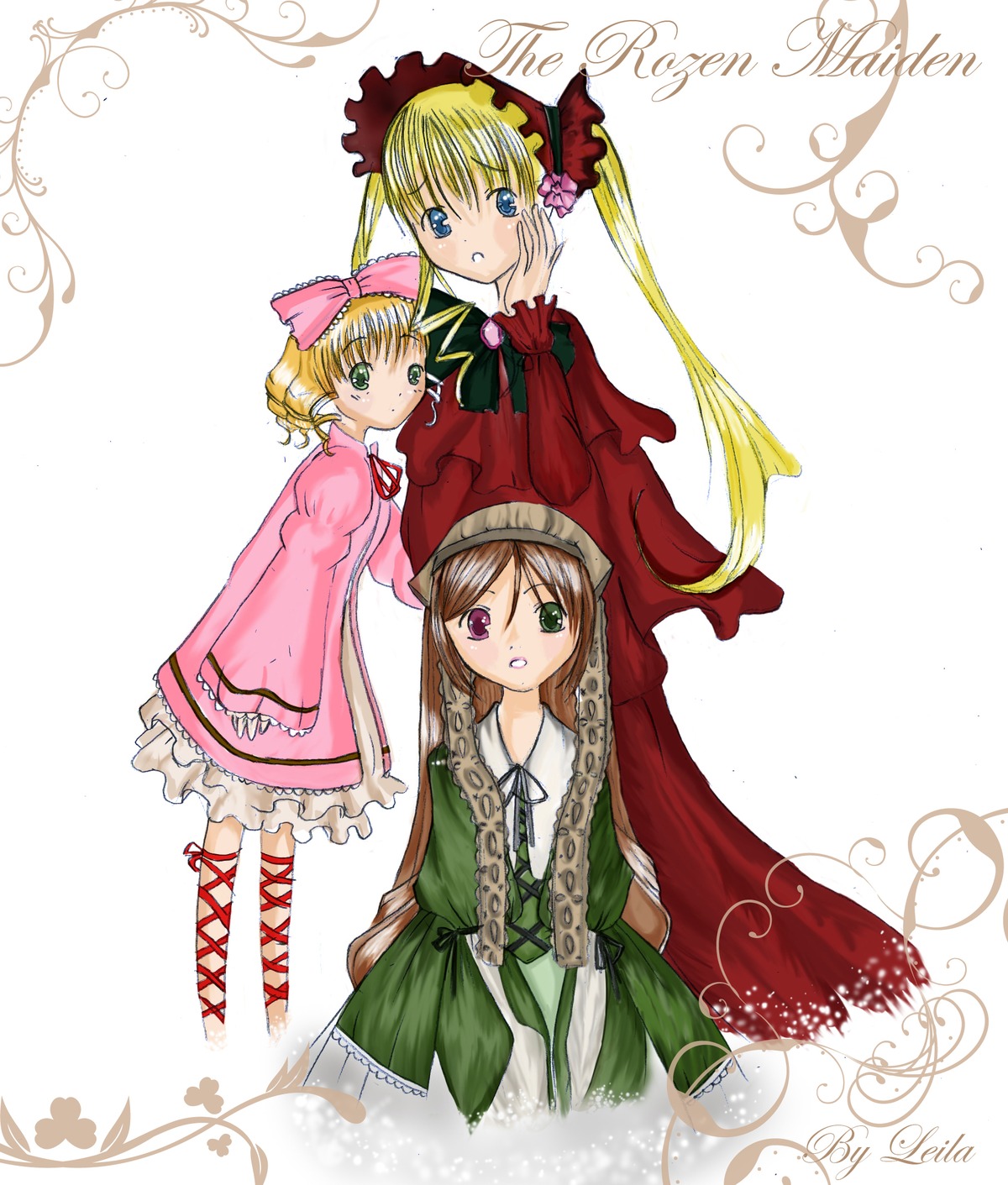 3girls blonde_hair blue_eyes bonnet bow brown_hair dress english_text green_dress hat head_scarf heterochromia hina_ichigo image long_hair long_sleeves looking_at_viewer multiple multiple_girls pink_bow pink_dress red_eyes shinku smile suiseiseki tagme twintails very_long_hair