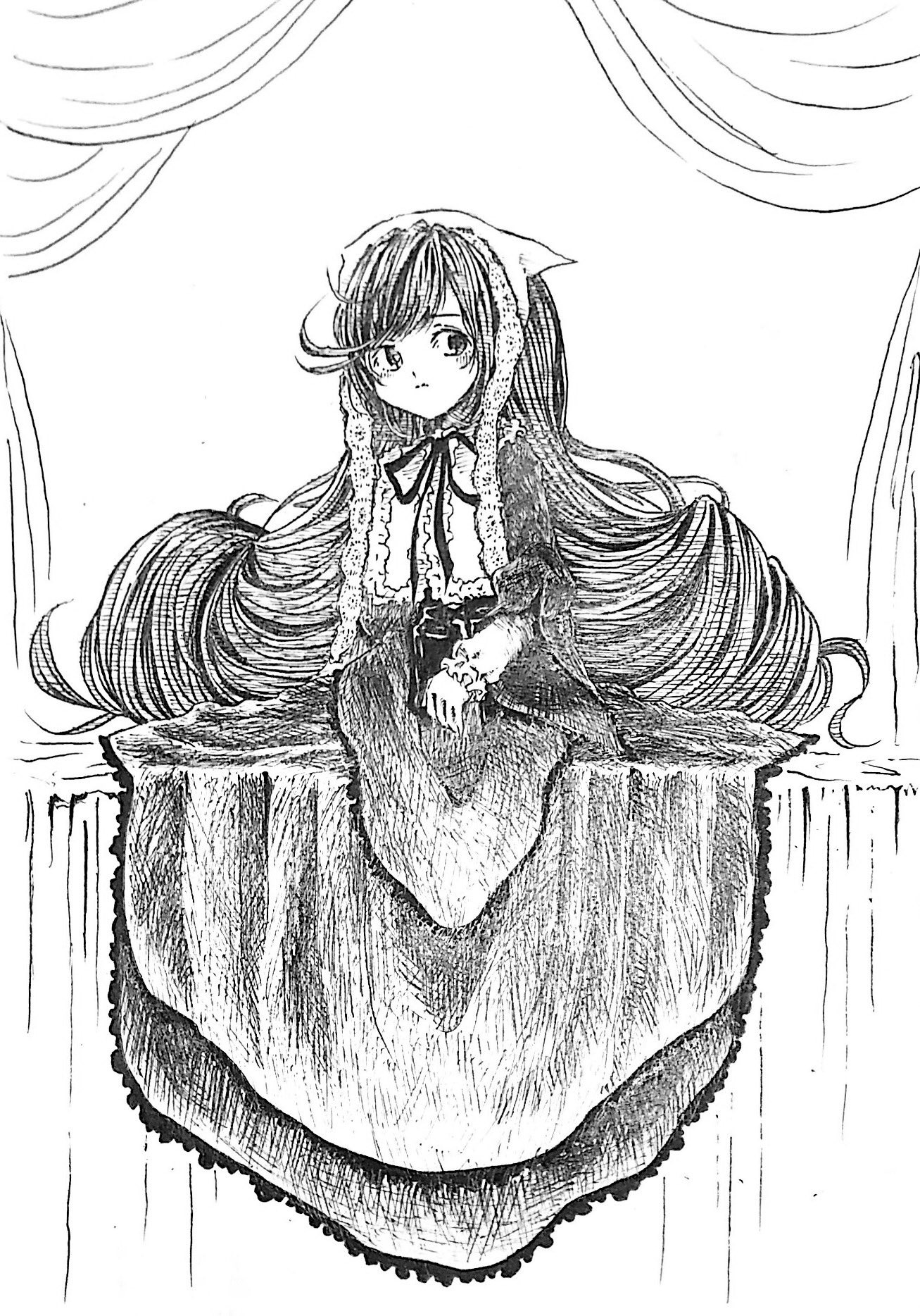 1girl dress eyebrows_visible_through_hair frills greyscale image long_hair long_sleeves looking_at_viewer monochrome solo suiseiseki very_long_hair